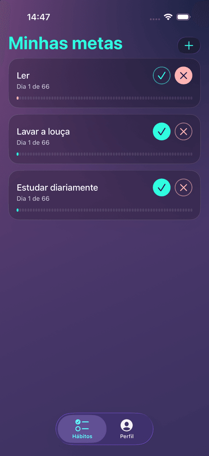 Lista de metas do 66 Days com os hábitos do dia e seus registros