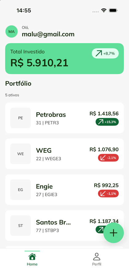 Tela inicial do Pluto mostrando o total investido e a lista de ativos da carteira